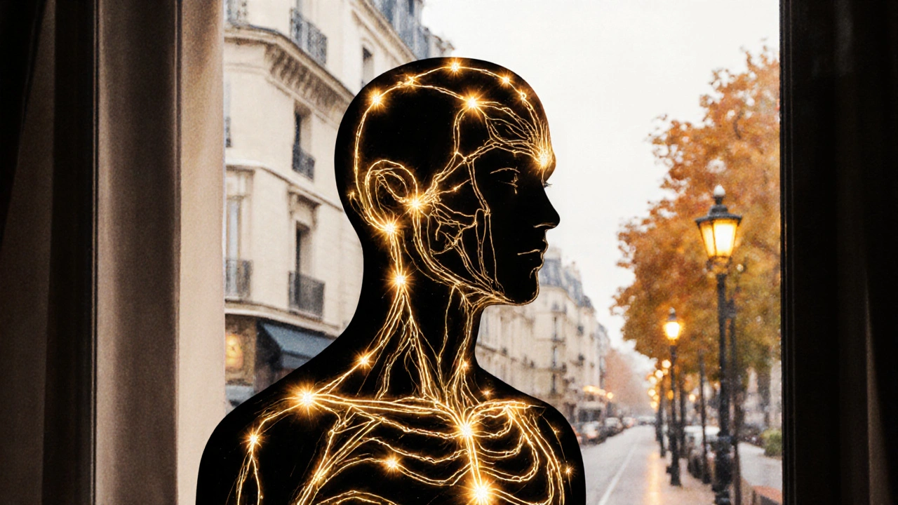 Schéma des méridiens énergétiques lumineux sur un corps humain, style aquarelle, points d&#039;acupression en or.