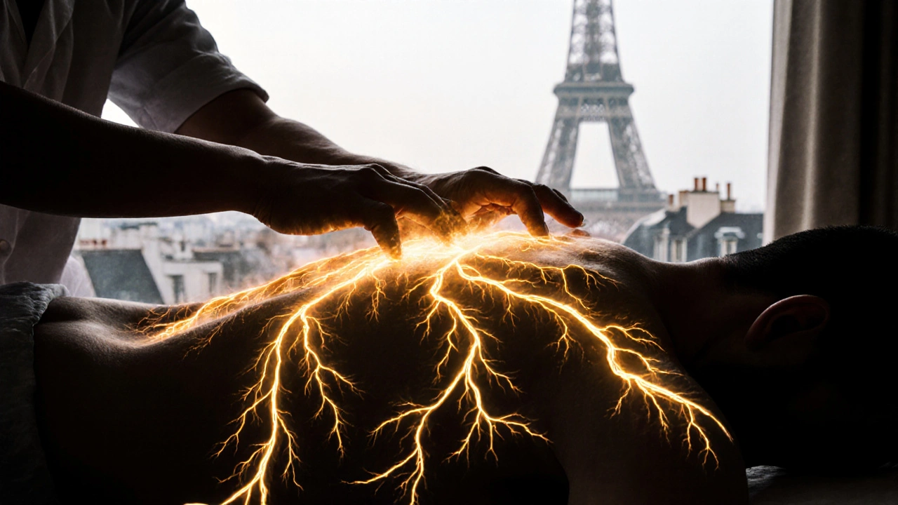 Schéma énergétique en encre chinoise montrant le flux de Qi dissolvant les blocages corporels sous un ciel parisien.