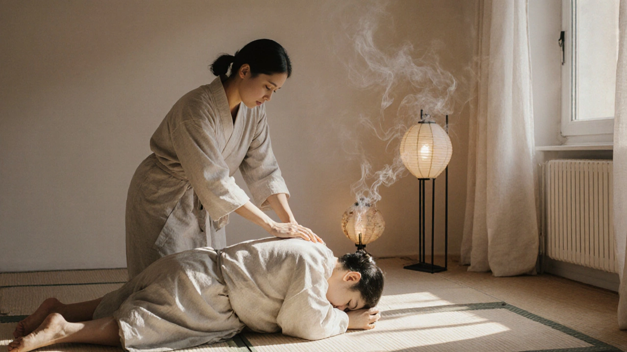 Séance de shiatsu à Paris, praticien appliquant une pression précise sur le dos d&#039;un client assis, ambiance zen et lumière douce.