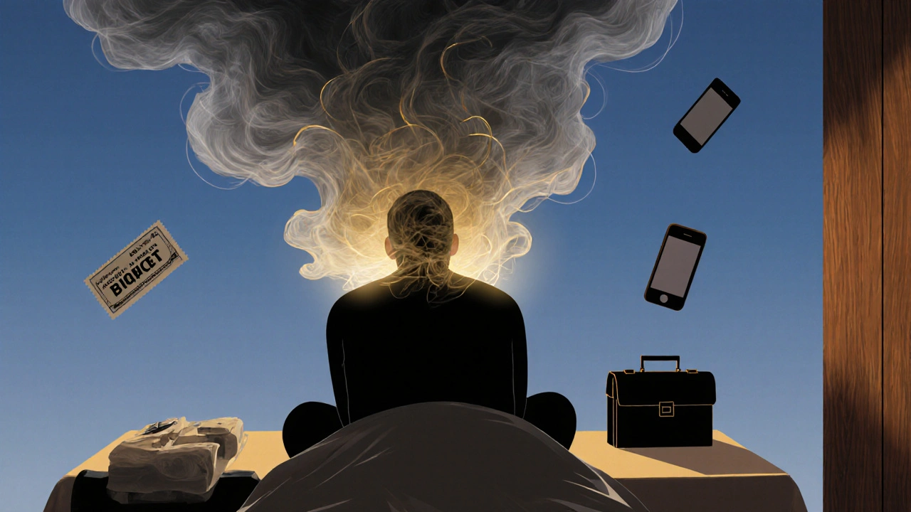 Silhouette d&#039;une personne détendue pendant un massage, avec des tensions sous forme de fumée grise qui s&#039;évaporent en lumière dorée.