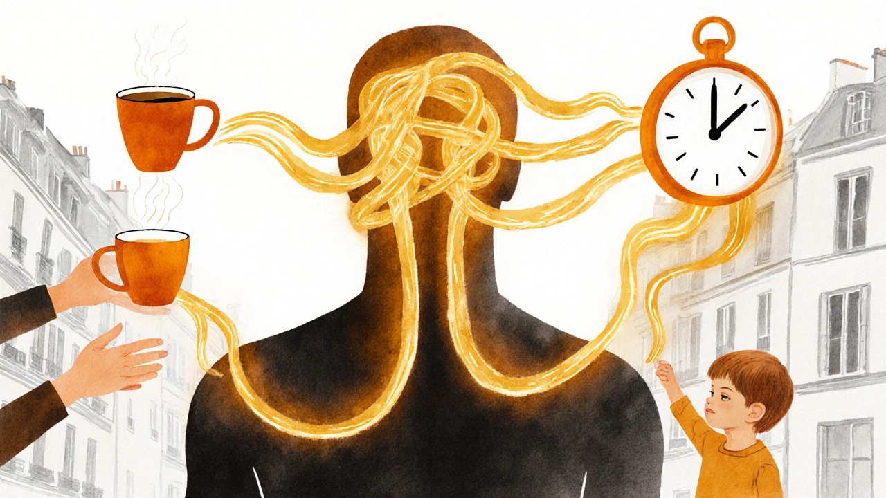 Silhouette humaine avec tensions qui se transforment en ondes d&#039;énergie dorée, symbolisant reconnexion et revitalisation.