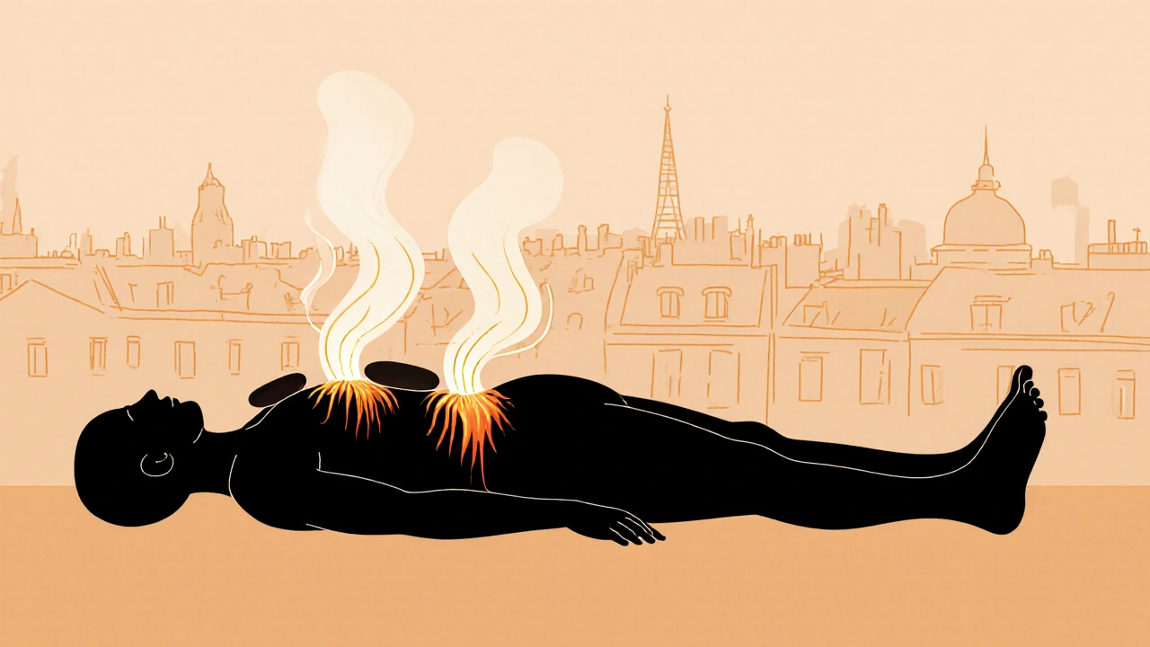 Silhouette humaine avec vagues de chaleur émanant des pierres chaudes, fond parisien flou, style minimaliste et apaisant.