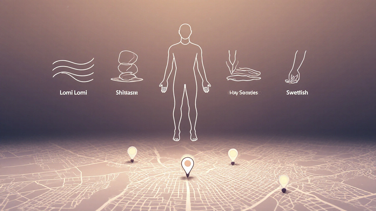 Silhouette humaine entourée de symboles des techniques de massage, sur fond de Paris stylisé en lignes fines.