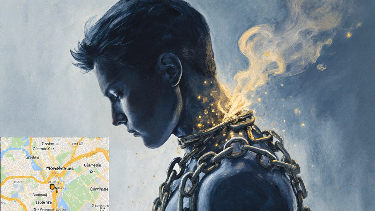 Silhouette humaine libérée des chaînes du stress par des caresses chaudes et lumineuses, symbolisant la détente.