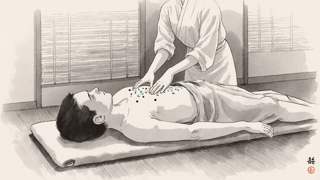 Technique de shiatsu japonais : les mains du praticien travaillent précisément sur les points d&#039;énergie, dans un espace minimaliste et apaisant.
