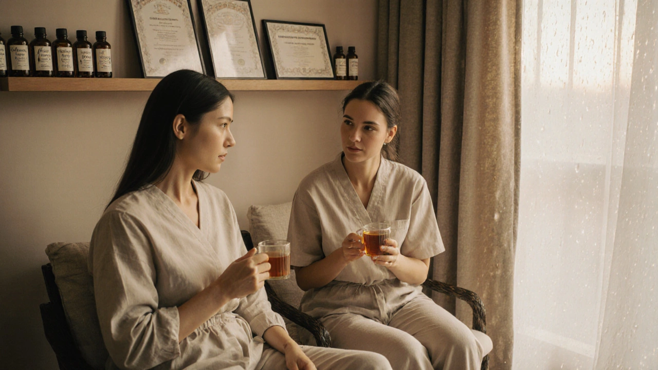 Thérapeute en train d&#039;écouter un client assis avec une tisane, bouteilles d&#039;huiles bio et diplômes au mur.