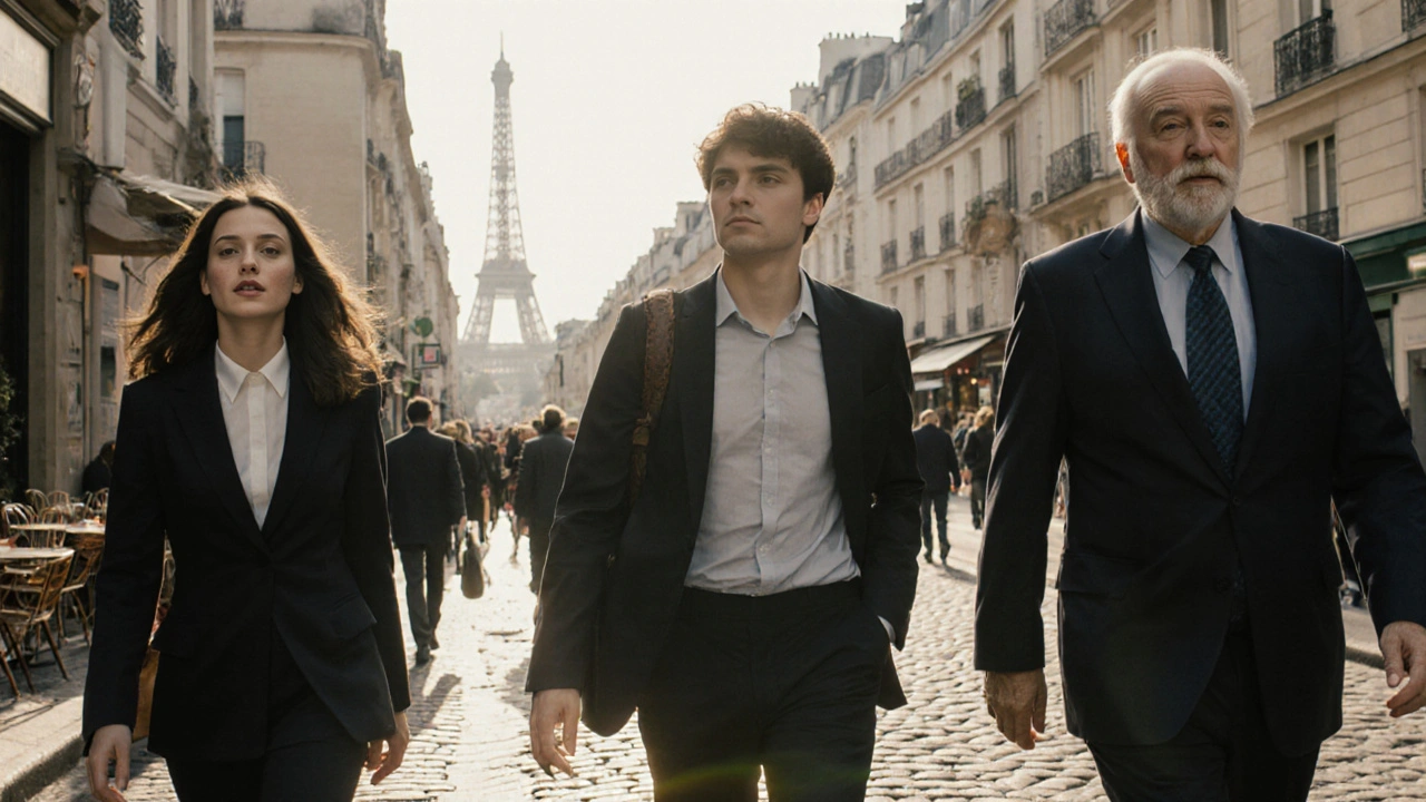 Trois personnes en pleine détente après un massage, marchant paisiblement dans les rues de Paris, l&#039;air apaisé.
