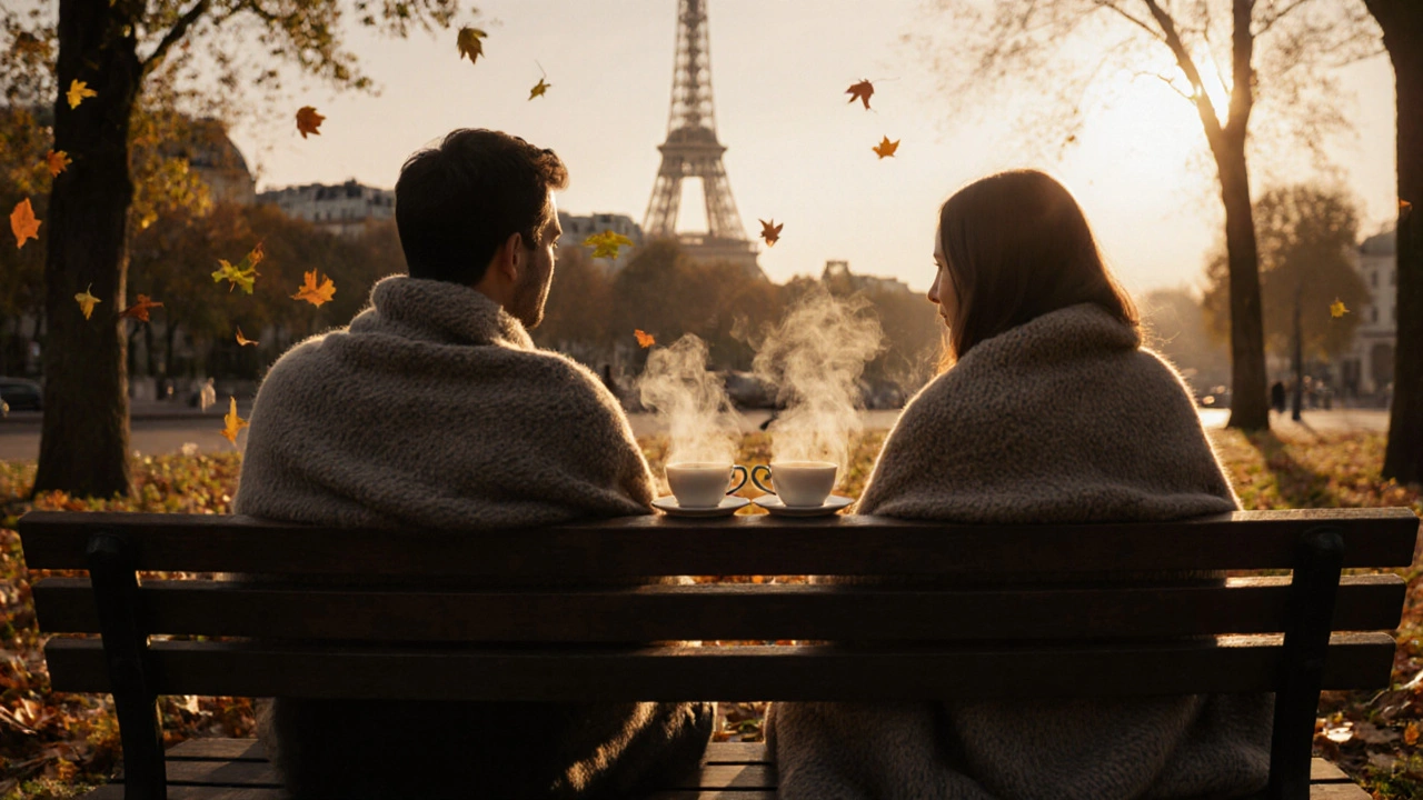 Un couple silencieux sur un banc de parc après un massage, buvant du thé ensemble au coucher du soleil.