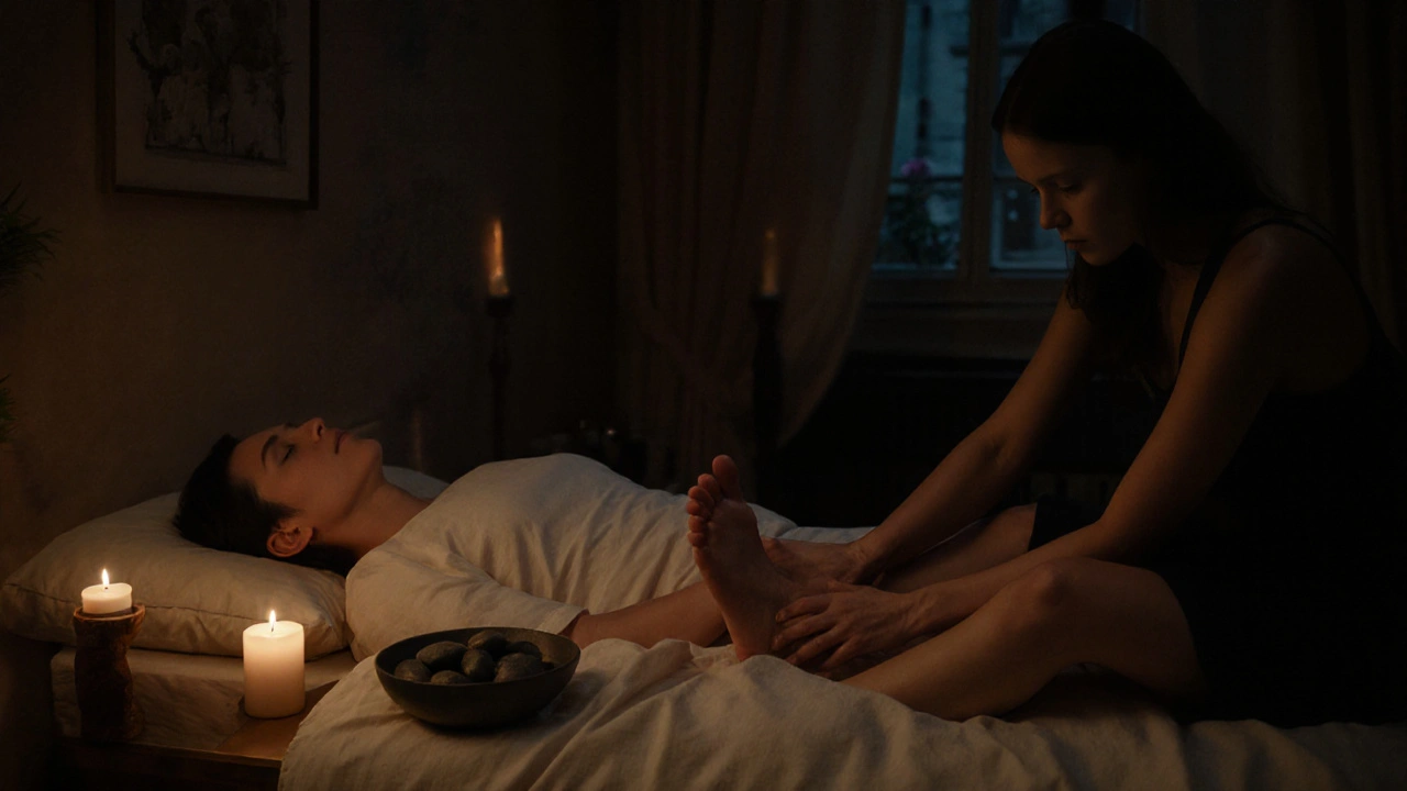 Un massage des pieds le soir dans une chambre paisible, bougies et huiles chaudes pour une détente profonde.