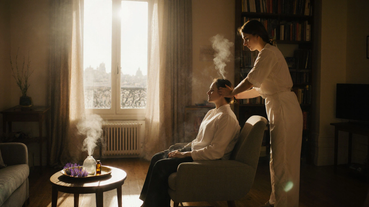 Un massage du dos et du cuir chevelu l&#039;après-midi dans un salon parisien, lumière dorée et huiles aromatiques.