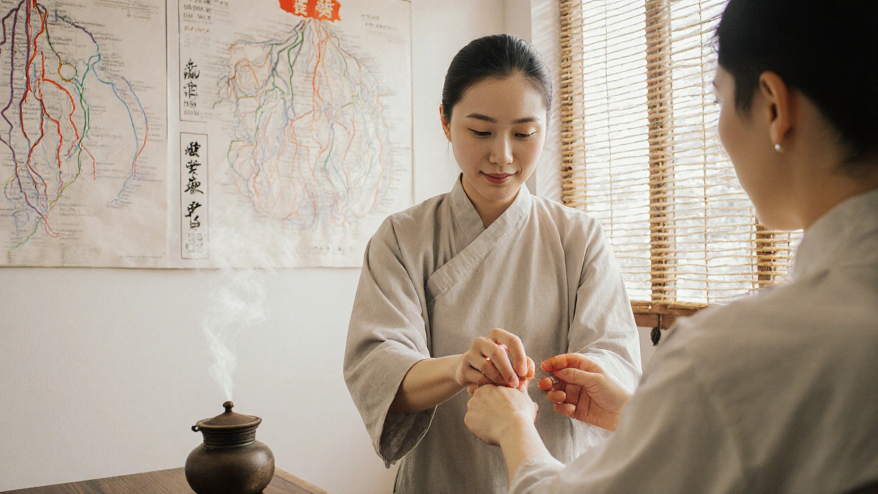 Un praticien de massage chinois palpe le pouls d’un client au poignet, lumière naturelle et éléments traditionnels en arrière-plan.