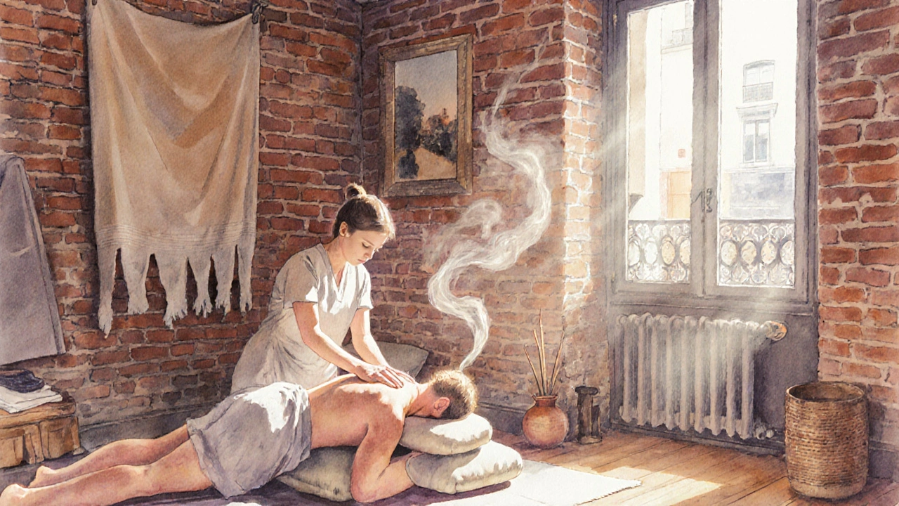 Un praticien effectue un massage shiatsu sur un client habillé dans un atelier authentique du 11e arrondissement.