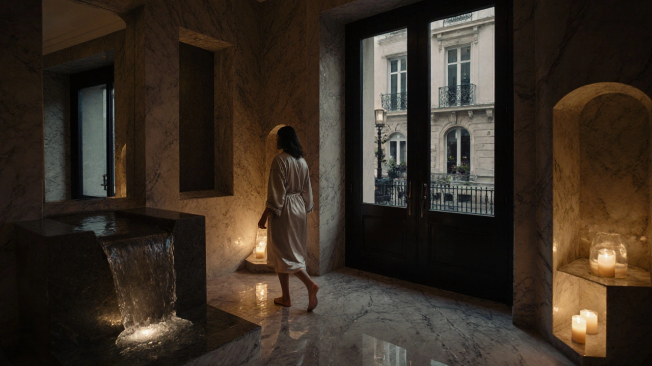 Une entrée de spa luxueux à Paris avec sol en marbre, bougies et fontaine, une femme en robe de soie s&#039;avance en chaussettes.