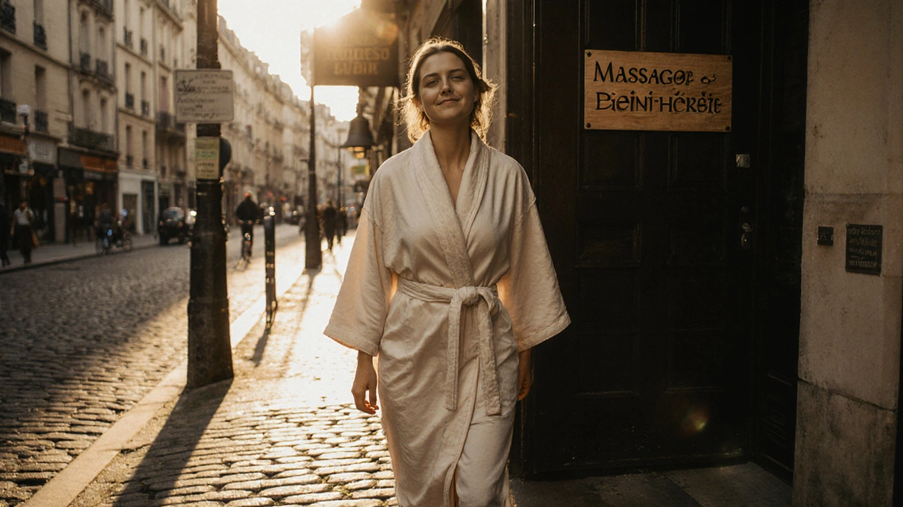 Une femme sort d&#039;un salon de massage à Montmartre, enveloppée dans une robe, respirant profondément sous la lumière dorée du coucher de soleil.