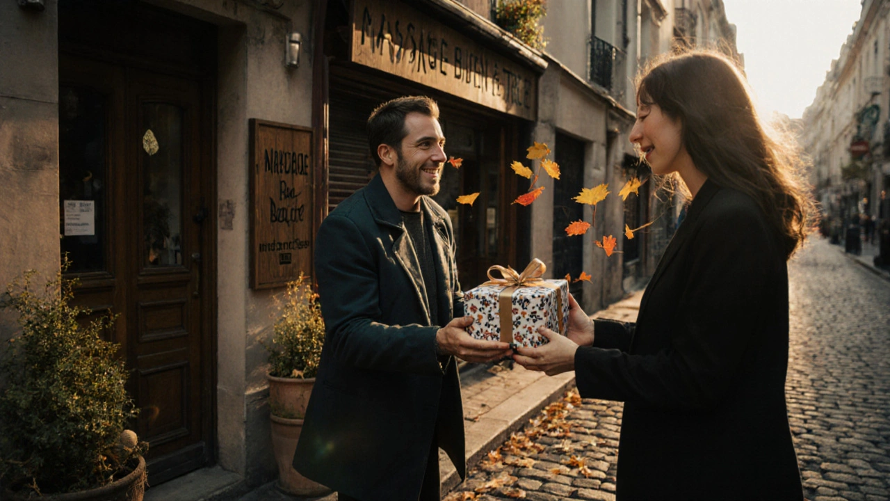 Une personne offrant un cadeau de massage à un ami devant un petit salon du 18e arrondissement.