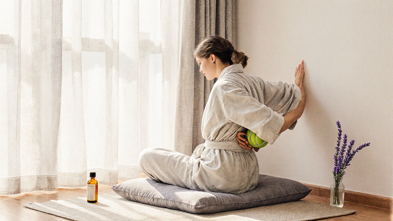 Une personne se masse le dos avec une balle de tennis contre un mur, dans une pièce calme au matin.