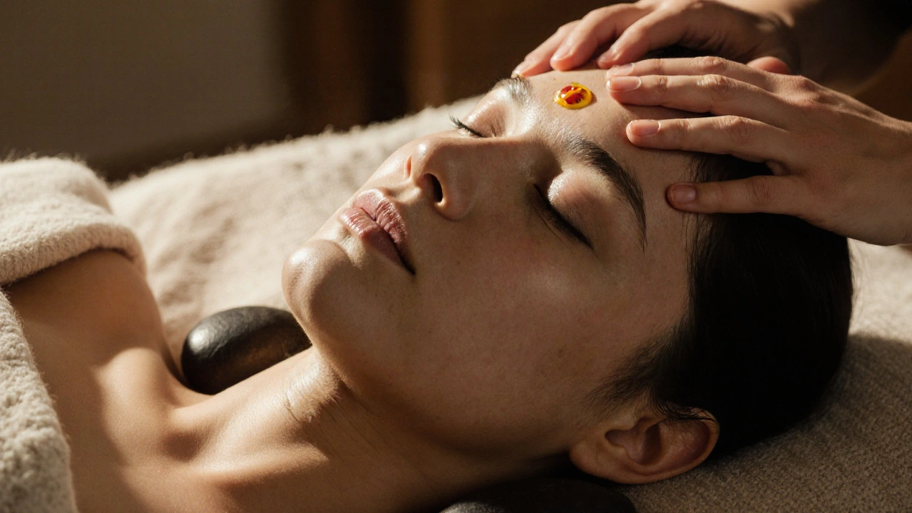 Visage détendu endormi pendant un massage crânien, pierres chaudes et lumière dorée.