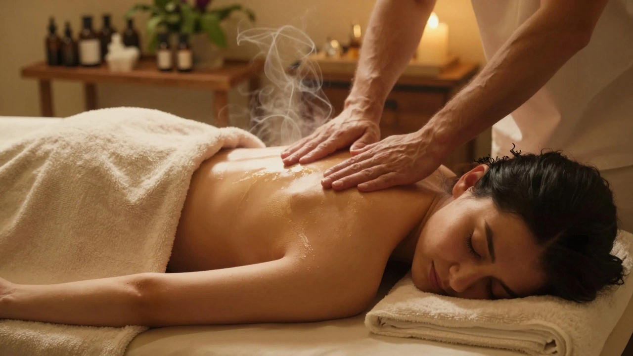 Client détendu sur une table de massage, recouvert d'une serviette, les mains du masseur glissant doucement sur le dos.