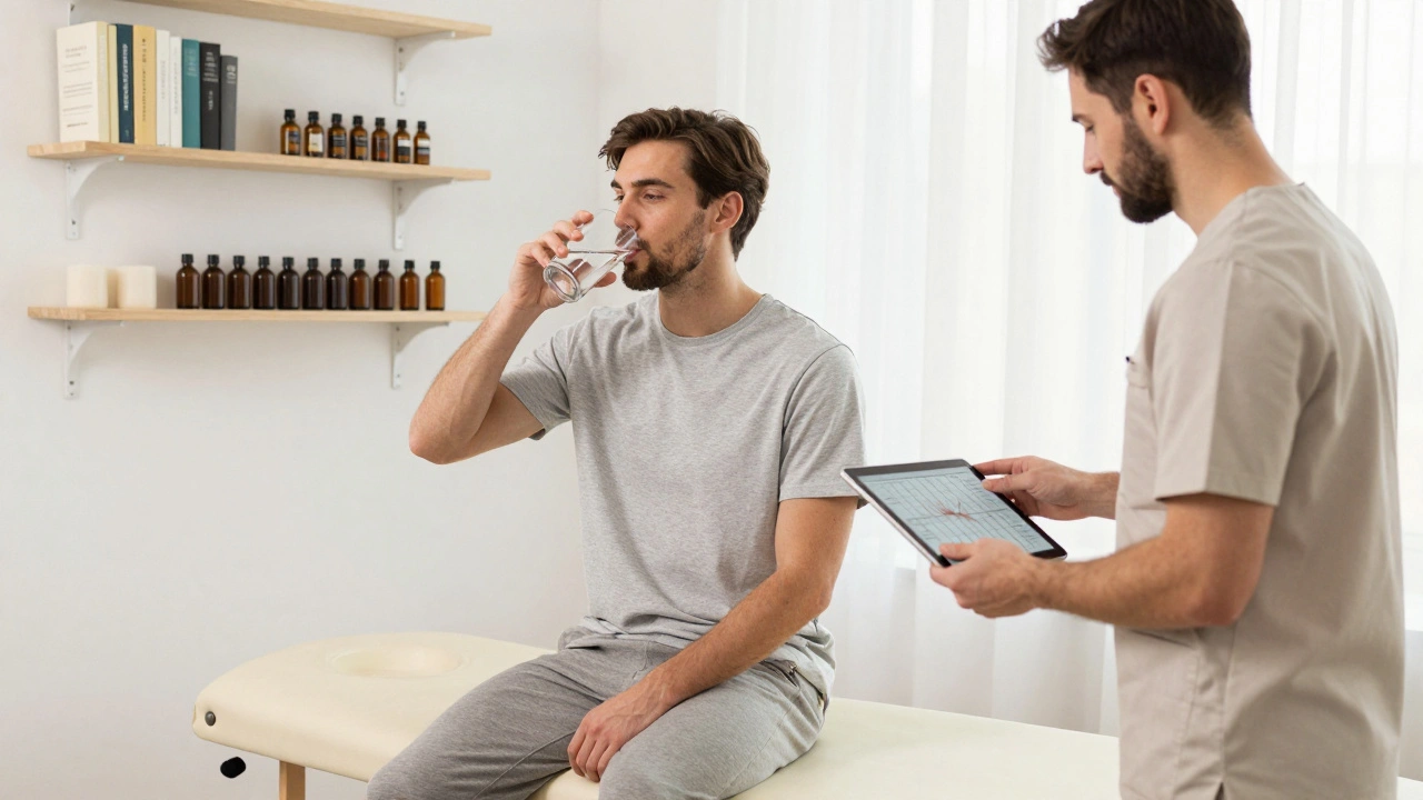 Client masculin après un massage, buvant de l'eau dans un centre de rééducation parisien, masseur consulte une carte des tensions musculaires.