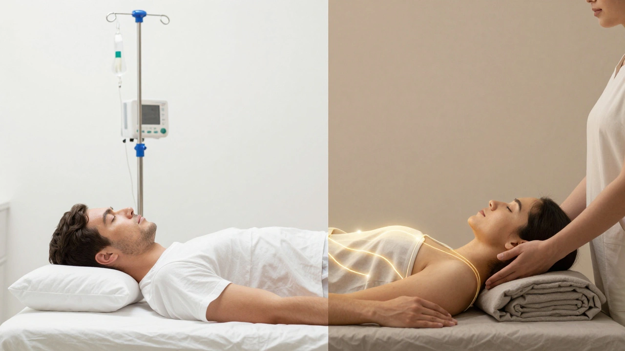 Comparaison visuelle entre un hôpital et une séance de massage énergétique, montrant un soutien complémentaire à la médecine conventionnelle.