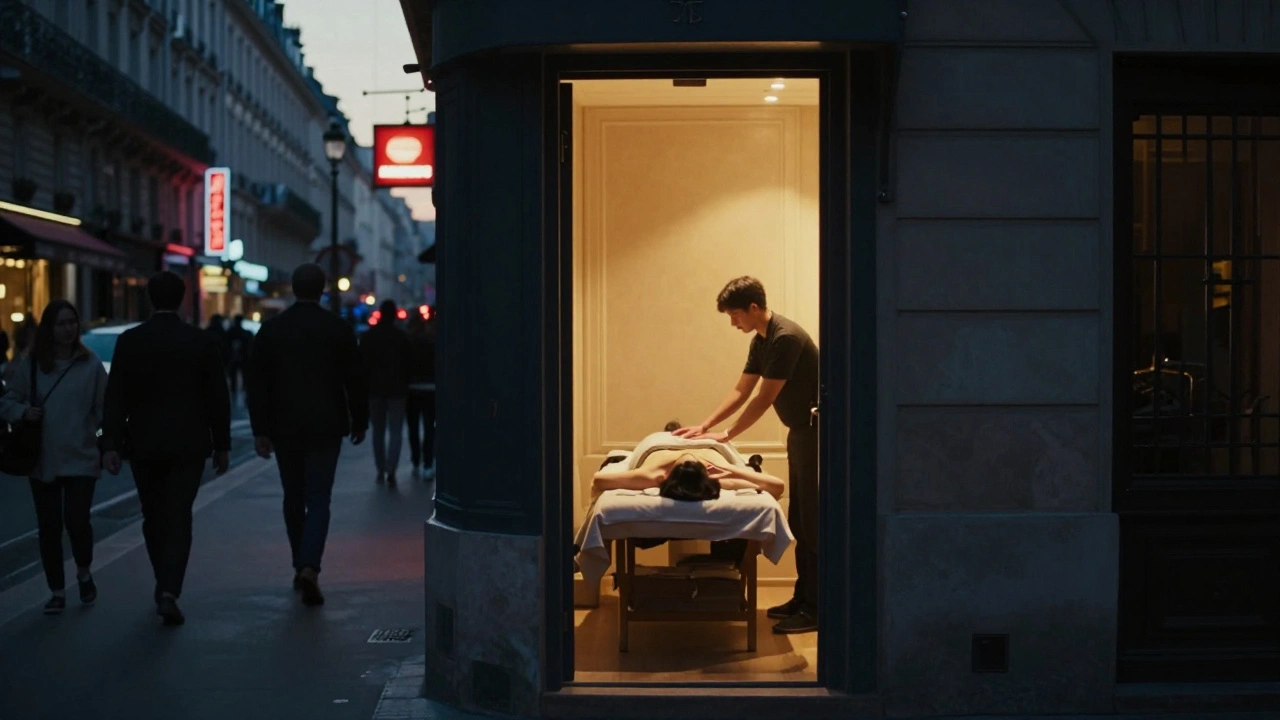 Contraste entre la rue parisienne animée et une porte ouverte révélant une séance de massage apaisante, lumière douce émergeant de l'intérieur.