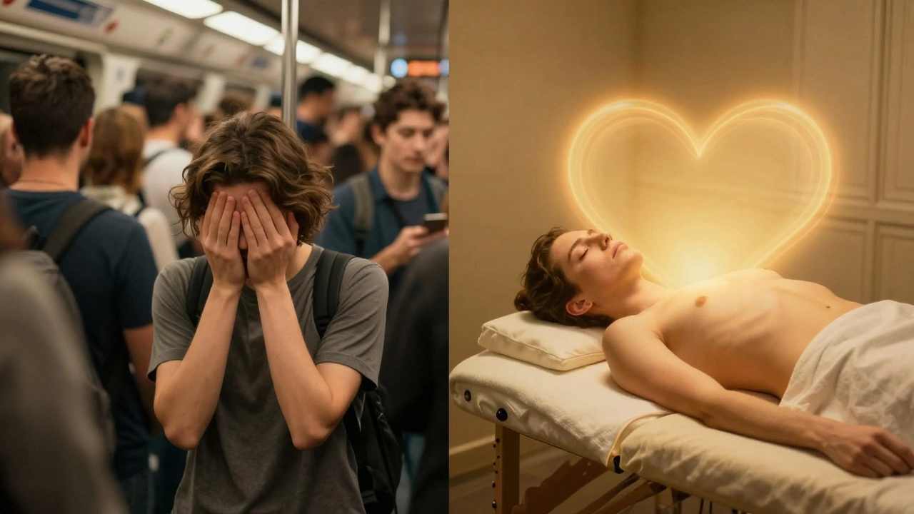 Contraste entre le stress du métro parisien et la paix d’un massage à domicile, lumière dorée et calme profond.