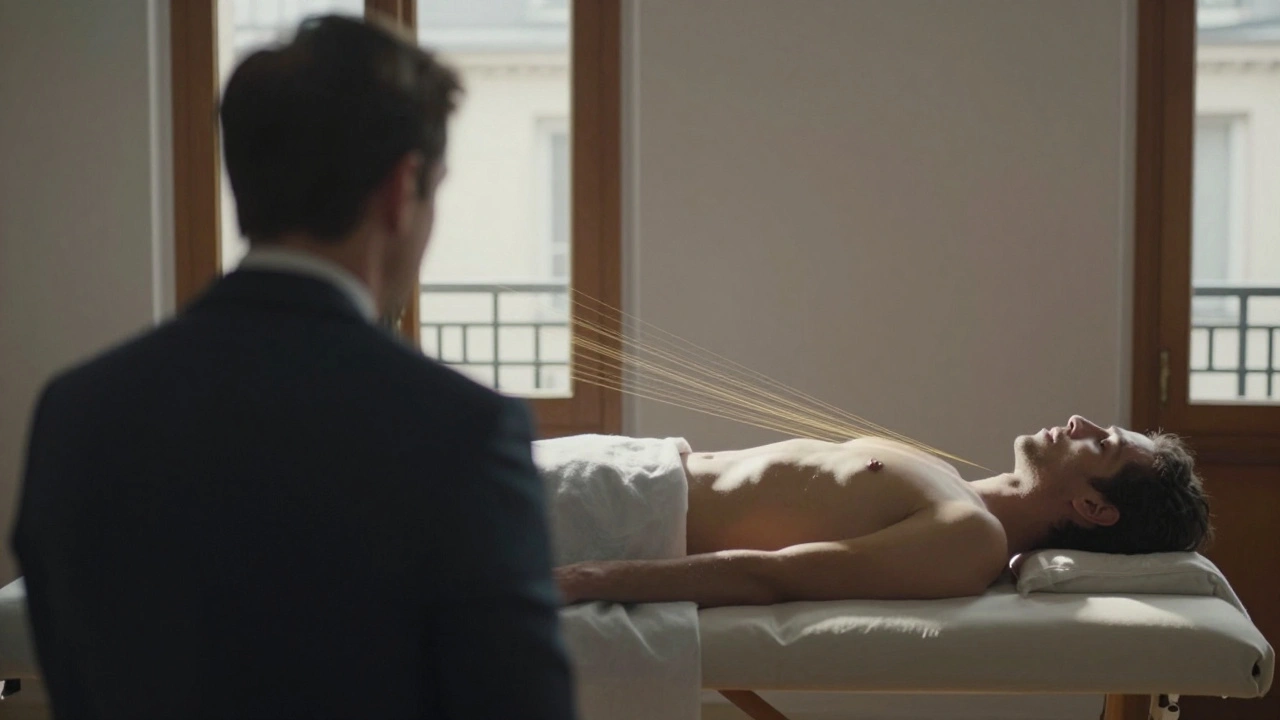 Contraste entre stress et détente : ombres lourdes à gauche, lumière apaisante à droite sur une table de massage.