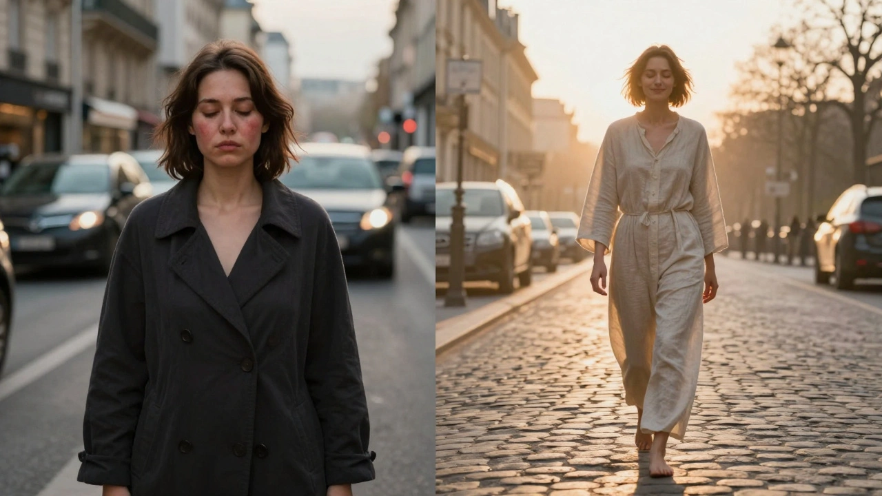 Contraste entre une femme stressée en ville et la même femme apaisée en pleine nature, à Paris au coucher du soleil.