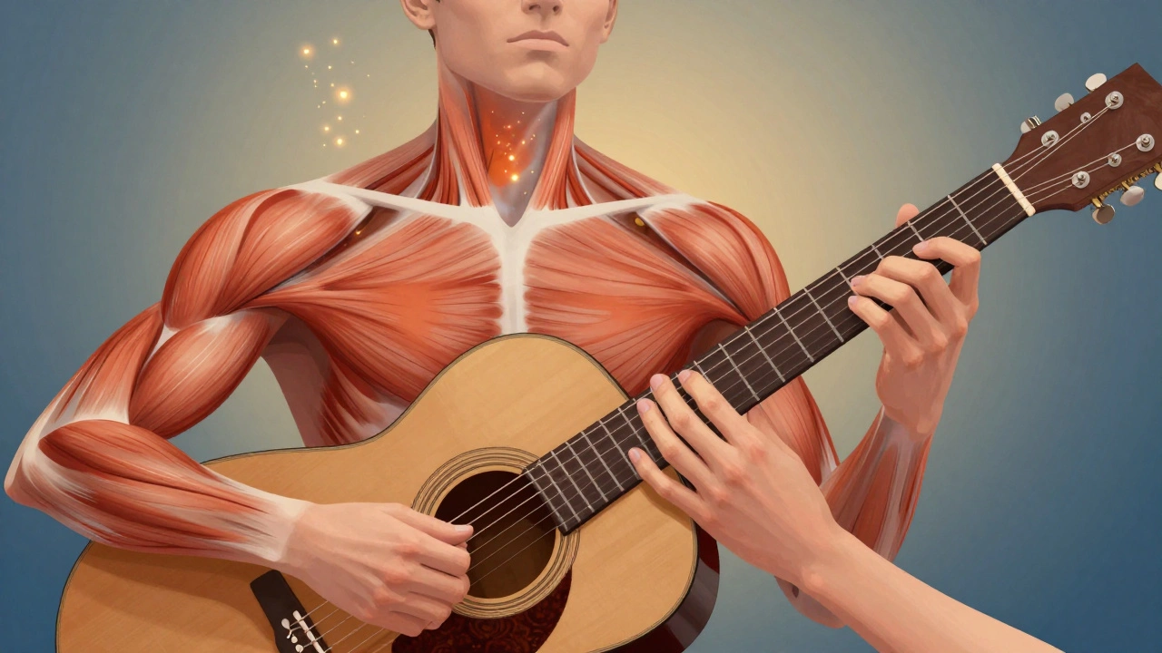 Corps humain représenté comme une guitare aux cordes tendues, dénouées par des mains apaisantes.