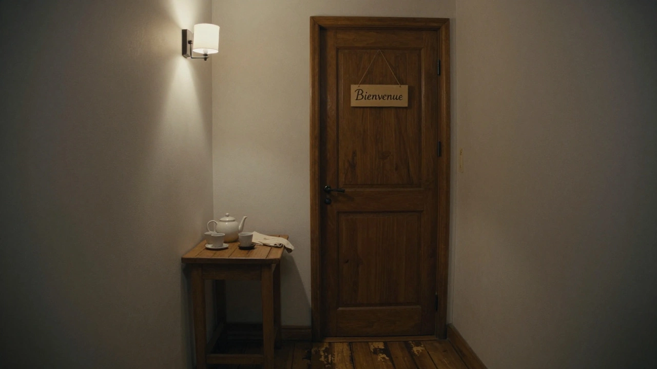 Couloir silencieux d'un salon de massage parisien, avec une théière et une serviette sur une table en bois.