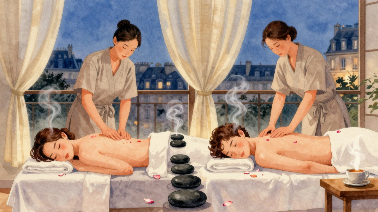 Couples détendus lors d&#039;un massage aux pierres chaudes, pétales de rose et lumière chaude dans un spa parisien.