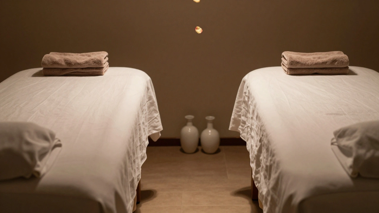 Deux tables de massage vides avec une pétale de rose et des bouteilles d&#039;huile, évoquant le silence partagé après un massage.