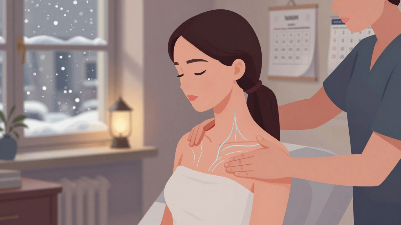 Femme après une intervention chirurgicale recevant un drainage lymphatique doux sur la poitrine, lumière chaude et neige à la fenêtre.