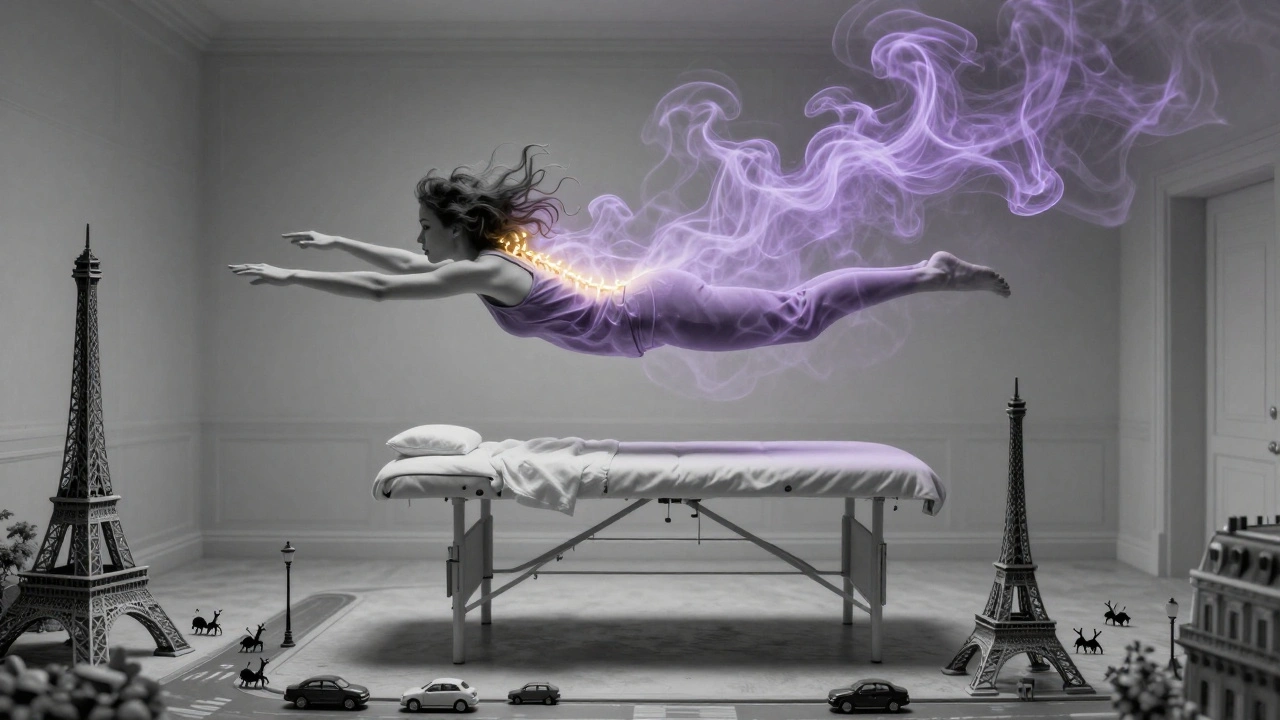 Femme flottant au-dessus d&#039;une table de massage, son corps se transformant en fumée de lavande, Paris en miniature en dessous.