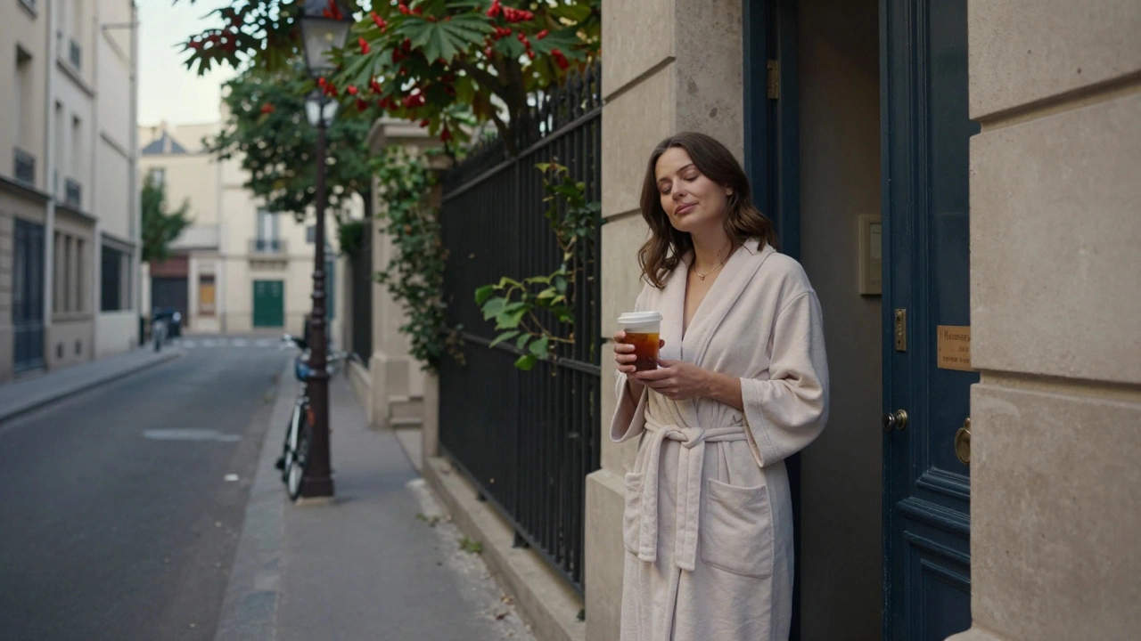 Femme sortant d&#039;une porte discrète après un massage, tenant une tisane, sous les arbres du 16e arrondissement.