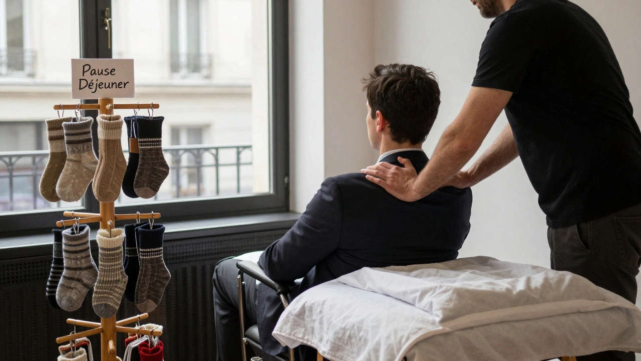 Homme en costume recevant un massage express en chaise inclinée dans un espace urbain calme.