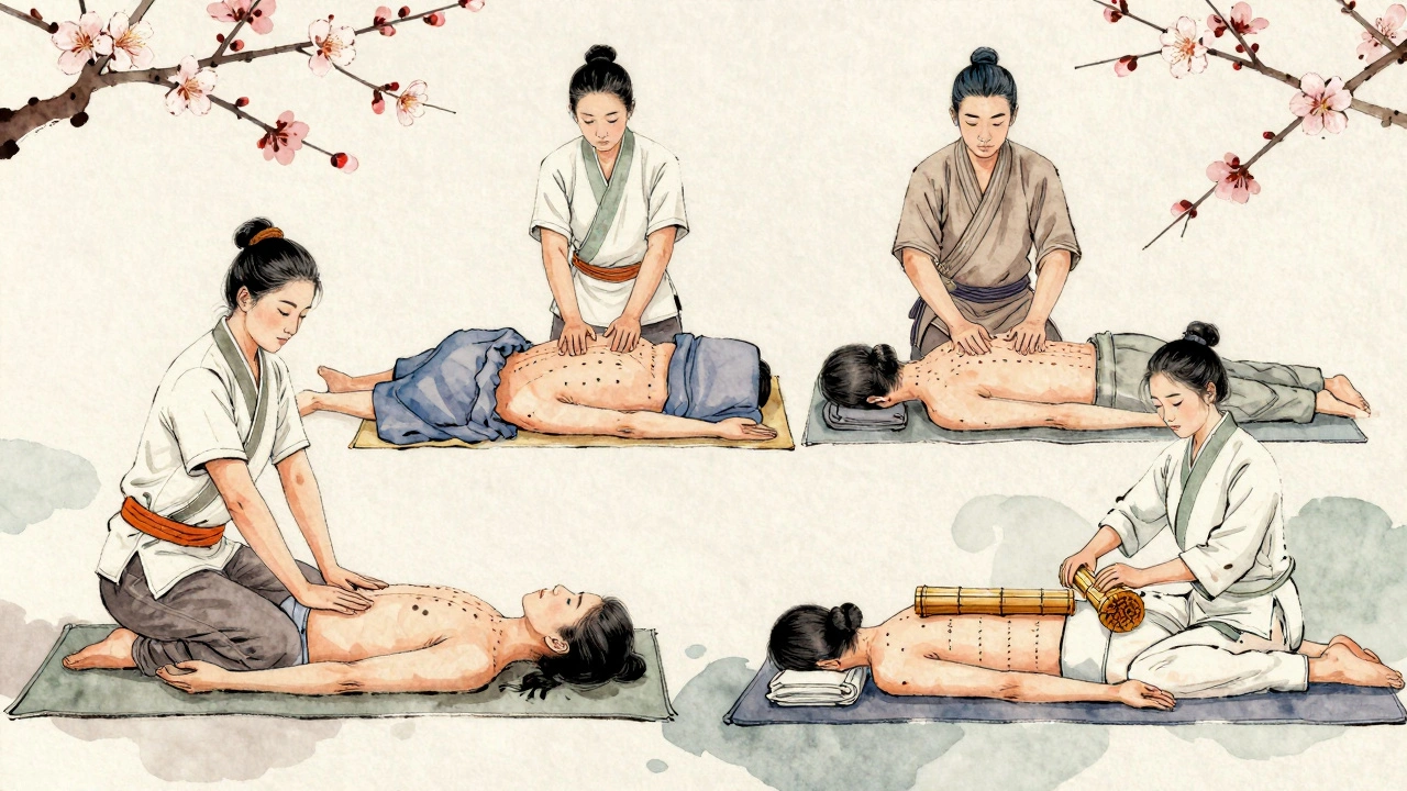 Illustration artistique des quatre techniques de massage asiatique : thaï, chinois, shiatsu et bambou, représentées en traits d'encre et aquarelle.