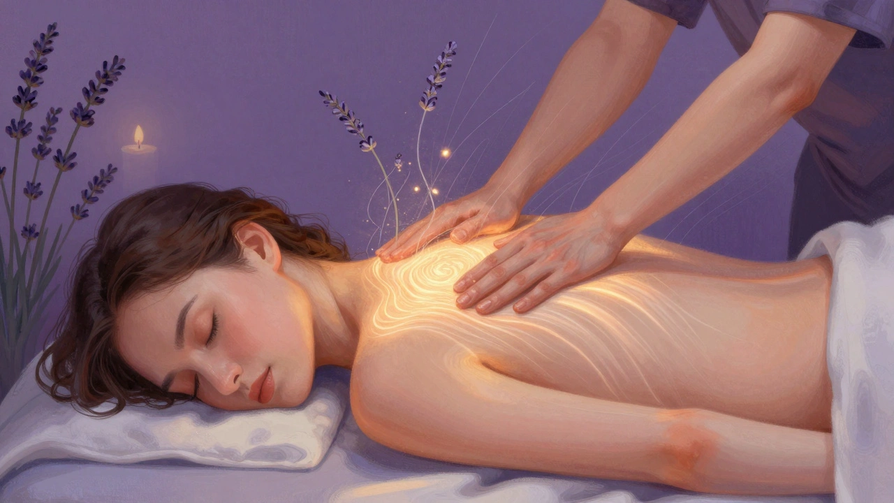 Illustration artistique montrant des tensions corporelles qui s&#039;évanouissent en fils gris sous les mains d&#039;une masseuse, dans un style impressionniste.