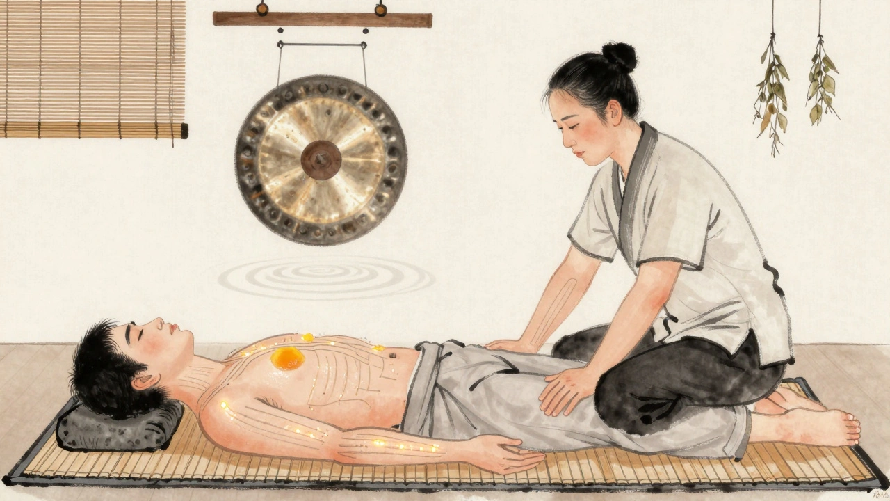 Illustration au style thaï traditionnel montrant un massage d&#039;étirement avec des méridiens énergétiques visibles.
