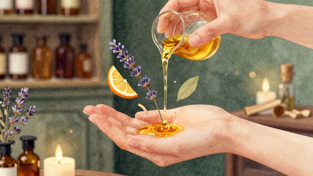 Main versant une huile dorée avec des éléments botaniques flottants : lavande, citron, cèdre, et ylang-ylang.