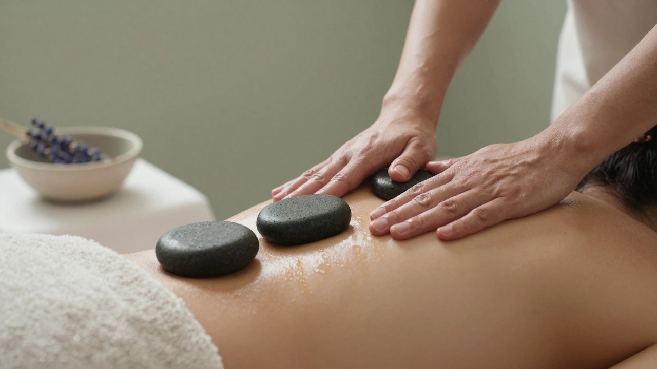 Mains appliquant un massage aux pierres chaudes sur le dos, avec des pierres volcaniques et de l'huile brillante.