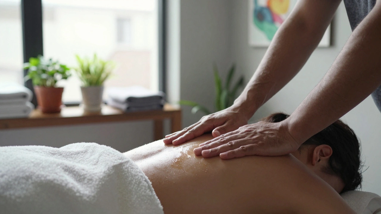Mains d&#039;un praticien massant les épaules d&#039;un client détendu, lumière naturelle et intérieur apaisant.