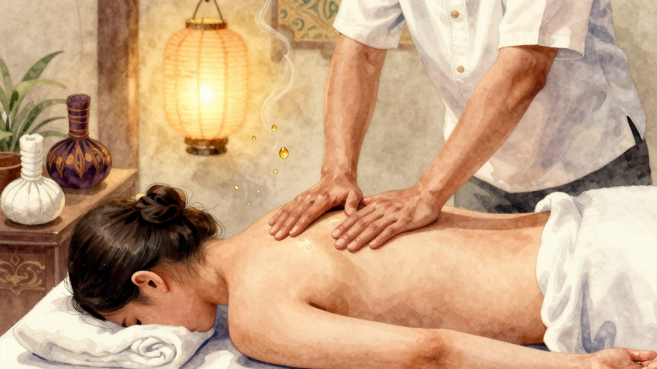 Mains de masseur exerçant une pression douce lors d&#039;un massage thaï, dans une ambiance chaleureuse et fumante.
