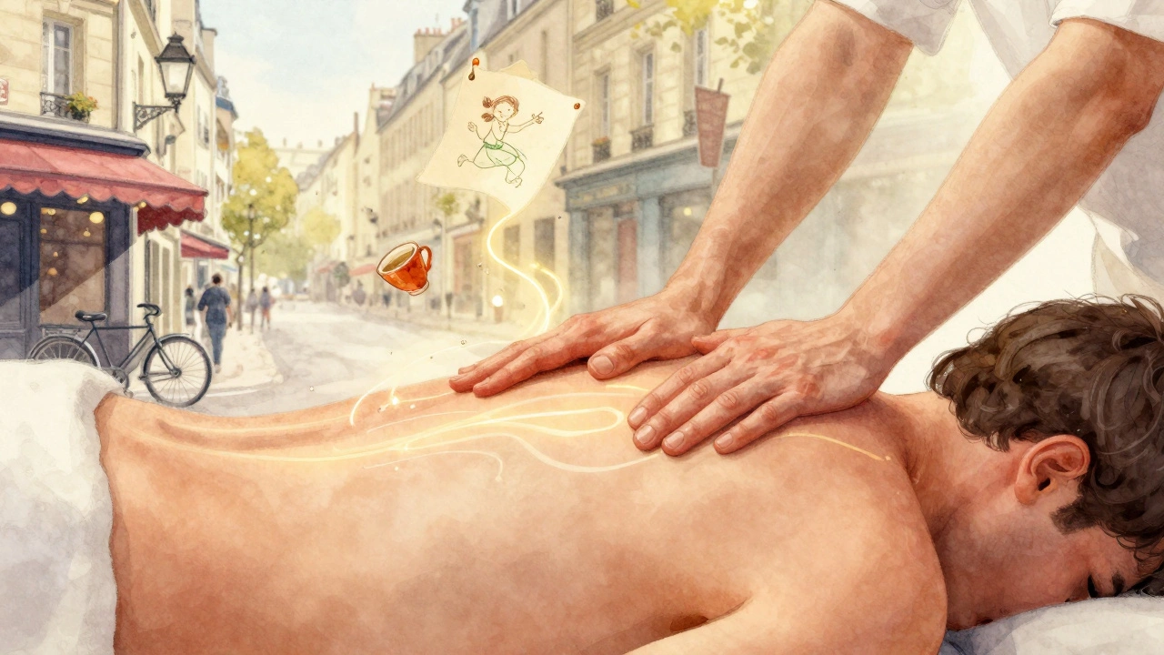 Mains de masseuse qui détendent le dos, lignes dorées représentant la libération des tensions.