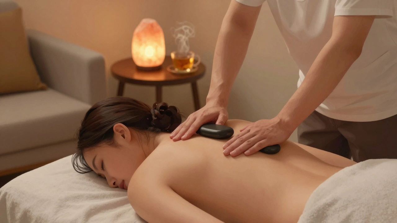 Massage aux pierres chaudes dans un intérieur chaleureux, bougies et tisane sur la table, ambiance apaisante.