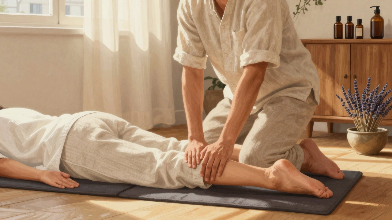 Massage thaï dans un appartement parisien, praticien étire doucement un client sur un matelas au sol, soleil filtrant par la fenêtre.