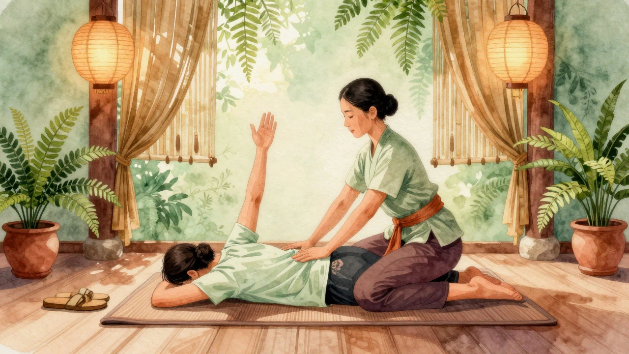 Massage thaïlandais sur un matelas au sol, thérapeute étirant doucement un client, lumières en papier et plantes vertes environnantes.