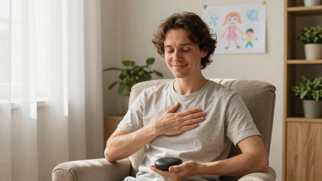 Parent souriant après un massage, assis dans un fauteuil doux, main sur la poitrine, lumière chaude et dessin d&#039;enfant au mur.