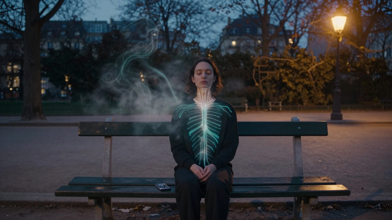 Personne assise dans un parc parisien au crépuscule, téléphone éteint, énergies subtiles s'élevant doucement du corps.