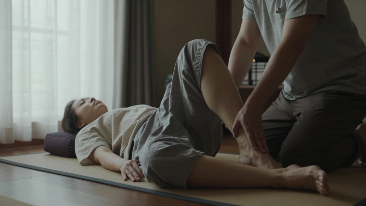 Personne en tenue légère recevant un massage thaïlandais avec étirement passif et pression aux pouces.